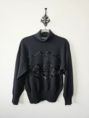 Vintage Escada Beaded Motorcycle Sweater Size 40 US L Black Wool Turtleneck